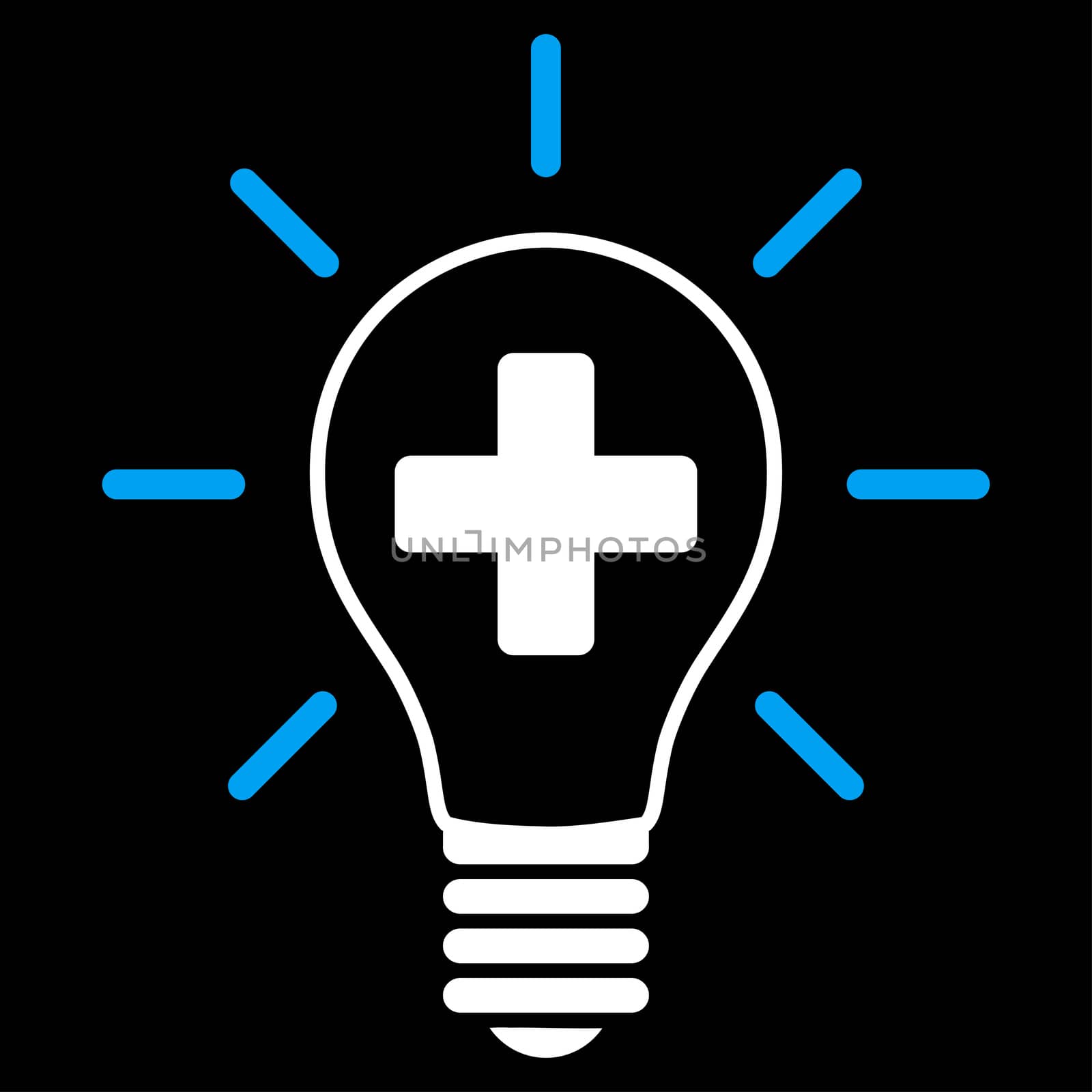 Creative Medicine Bulb glyph icon. Style is bicolor flat symbol, blue and white colors, rounded angles, black background.