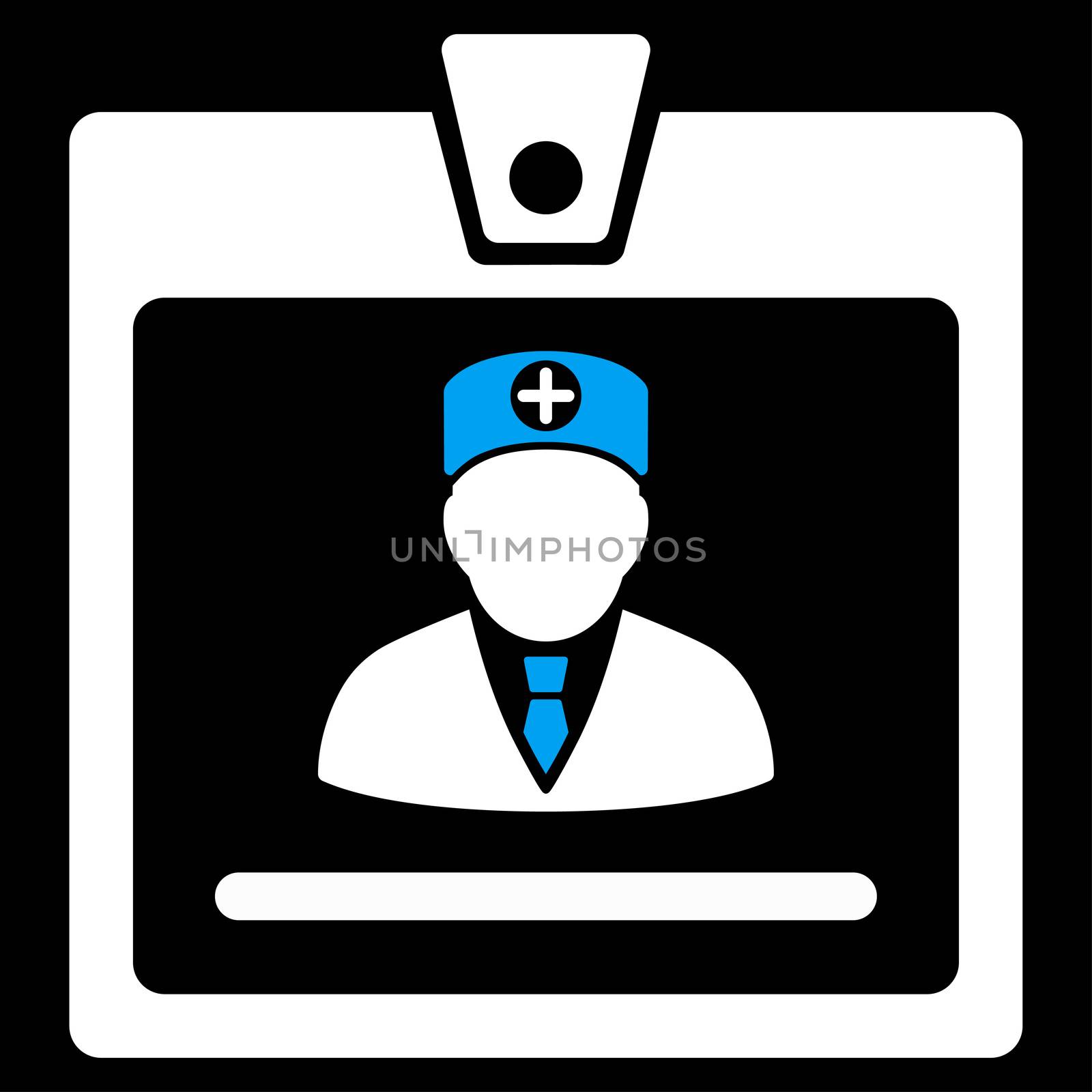 Doctor Badge glyph icon. Style is bicolor flat symbol, blue and white colors, rounded angles, black background.