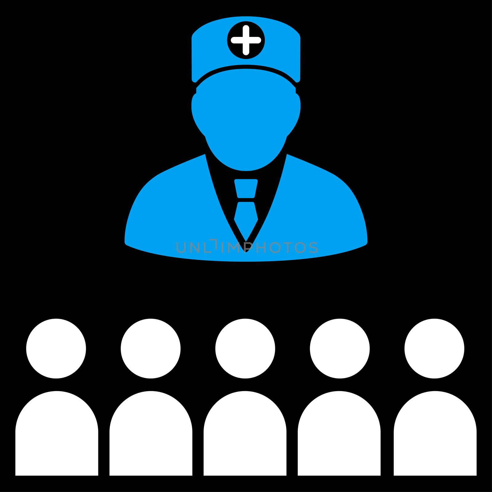 Doctor Class glyph icon. Style is bicolor flat symbol, blue and white colors, rounded angles, black background.