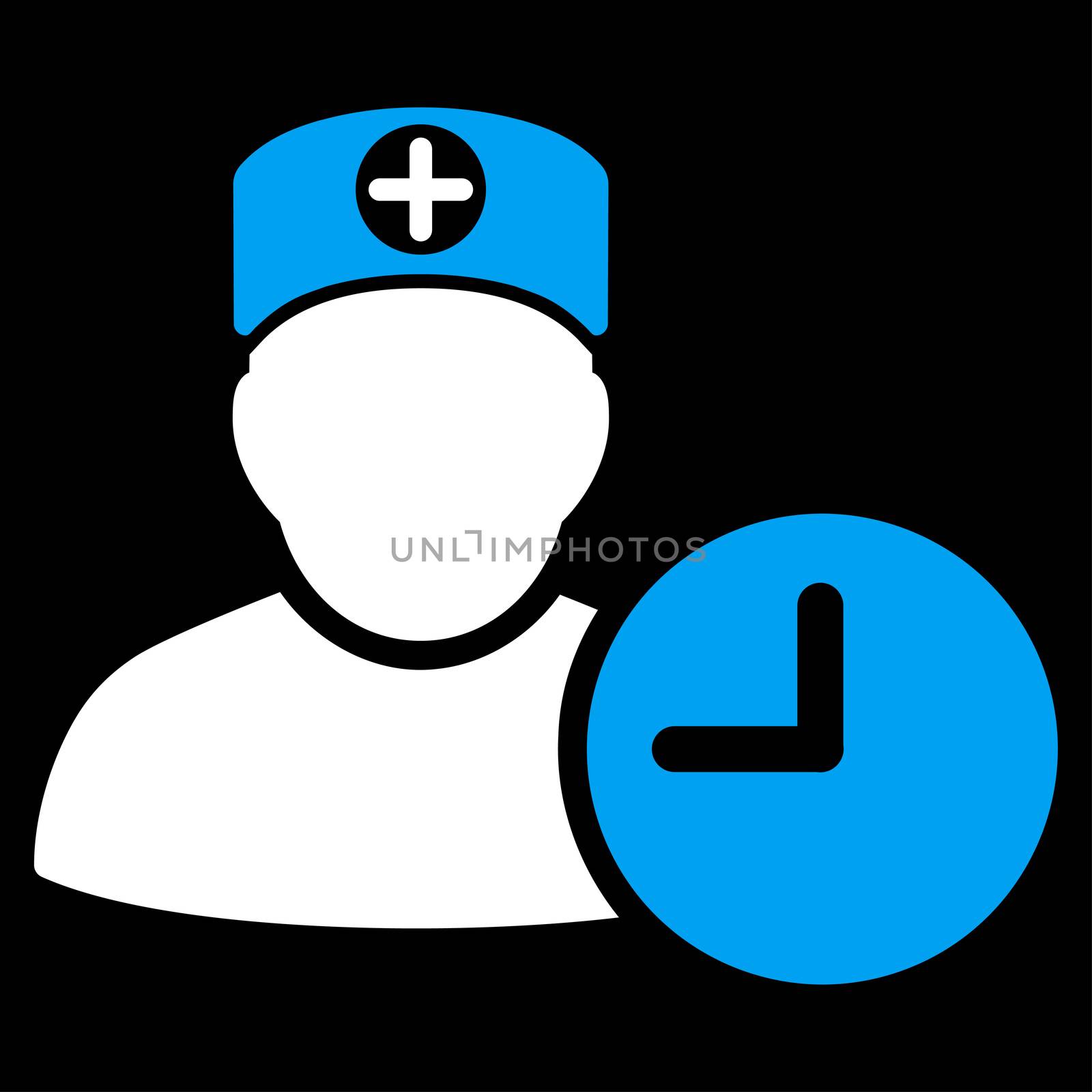 Doctor Schedule glyph icon. Style is bicolor flat symbol, blue and white colors, rounded angles, black background.