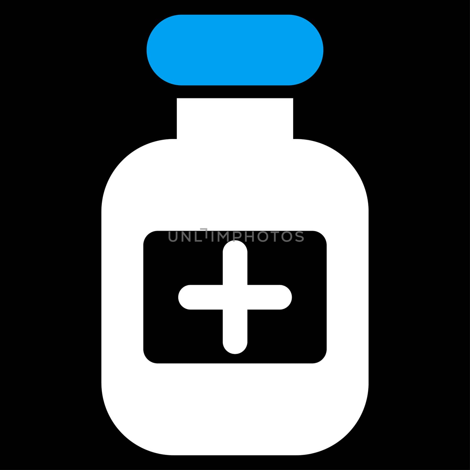 Drugs Bottle glyph icon. Style is bicolor flat symbol, blue and white colors, rounded angles, black background.