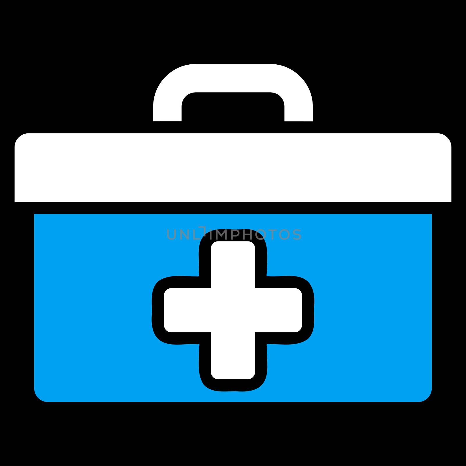 First Aid Toolbox glyph icon. Style is bicolor flat symbol, blue and white colors, rounded angles, black background.