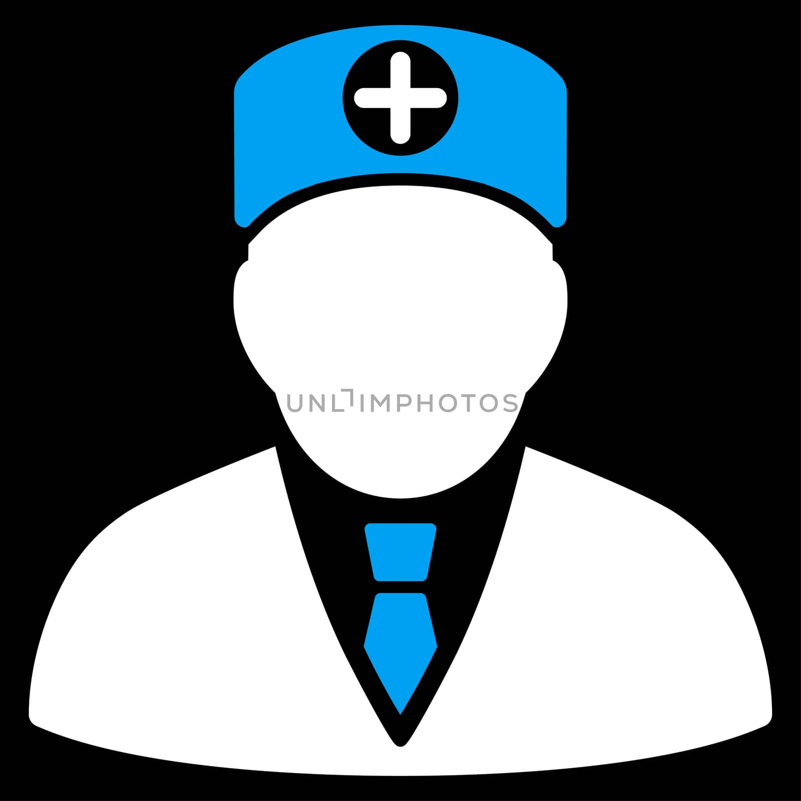 Head Physician glyph icon. Style is bicolor flat symbol, blue and white colors, rounded angles, black background.