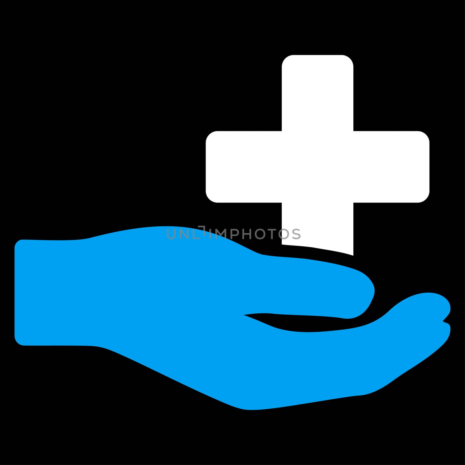 Health Care Donation glyph icon. Style is bicolor flat symbol, blue and white colors, rounded angles, black background.