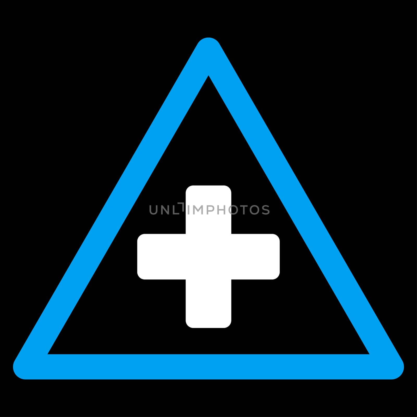 Health Warning glyph icon. Style is bicolor flat symbol, blue and white colors, rounded angles, black background.