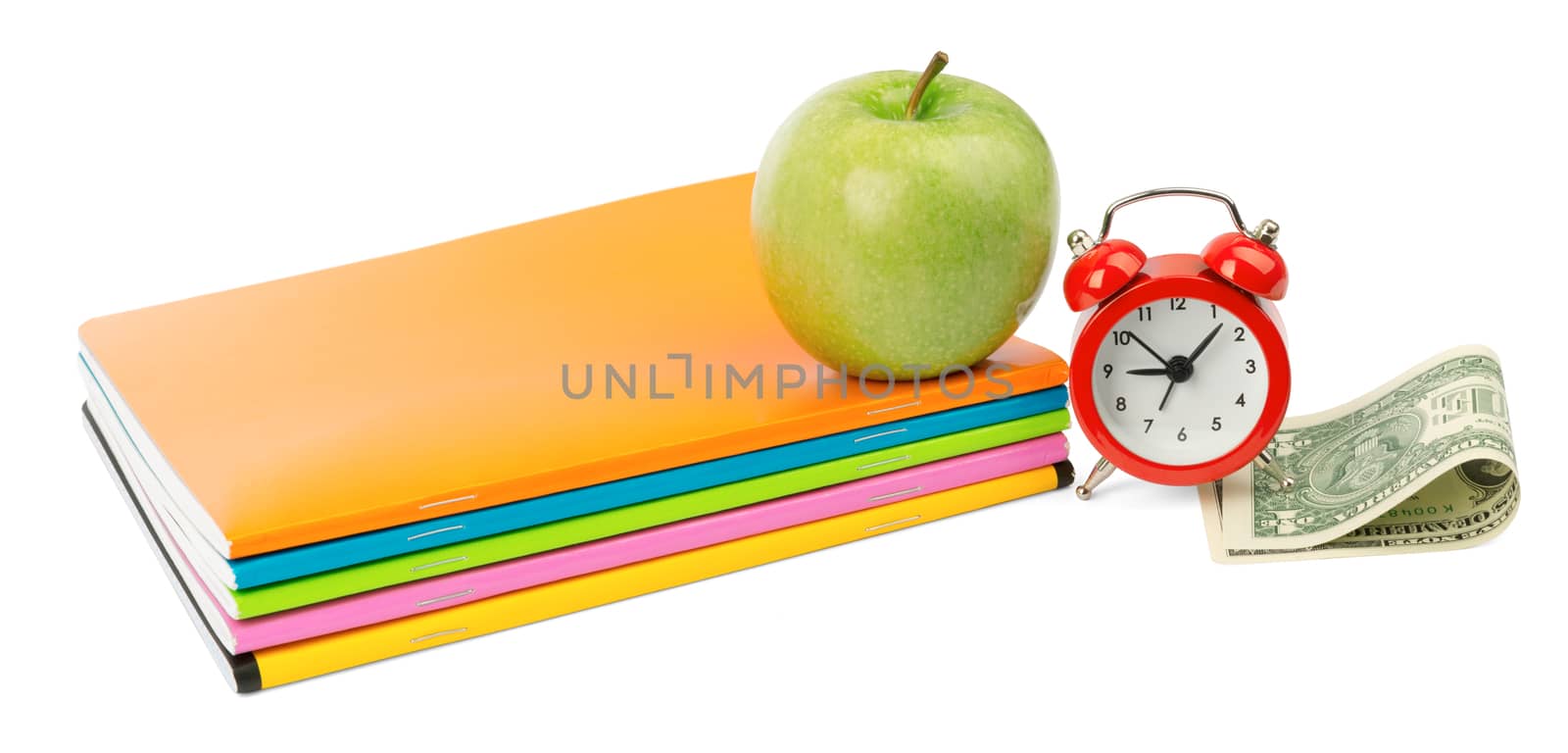 Fresh apple with notebooks and cash on isolated white background