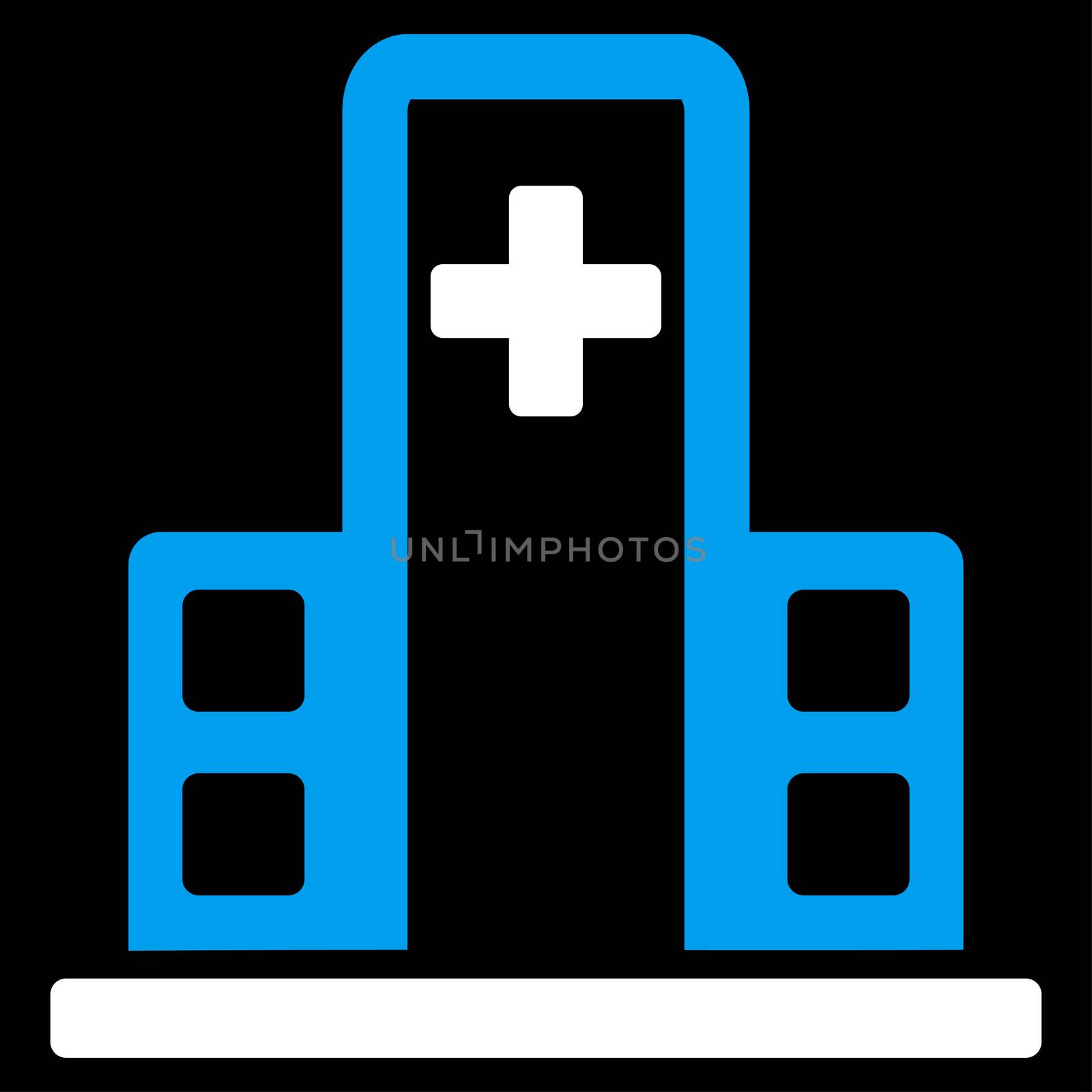 Hospital Building glyph icon. Style is bicolor flat symbol, blue and white colors, rounded angles, black background.