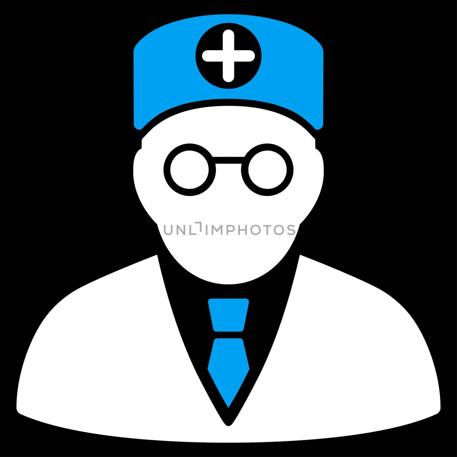 Head Physician glyph icon. Style is bicolor flat symbol, blue and white colors, rounded angles, black background.