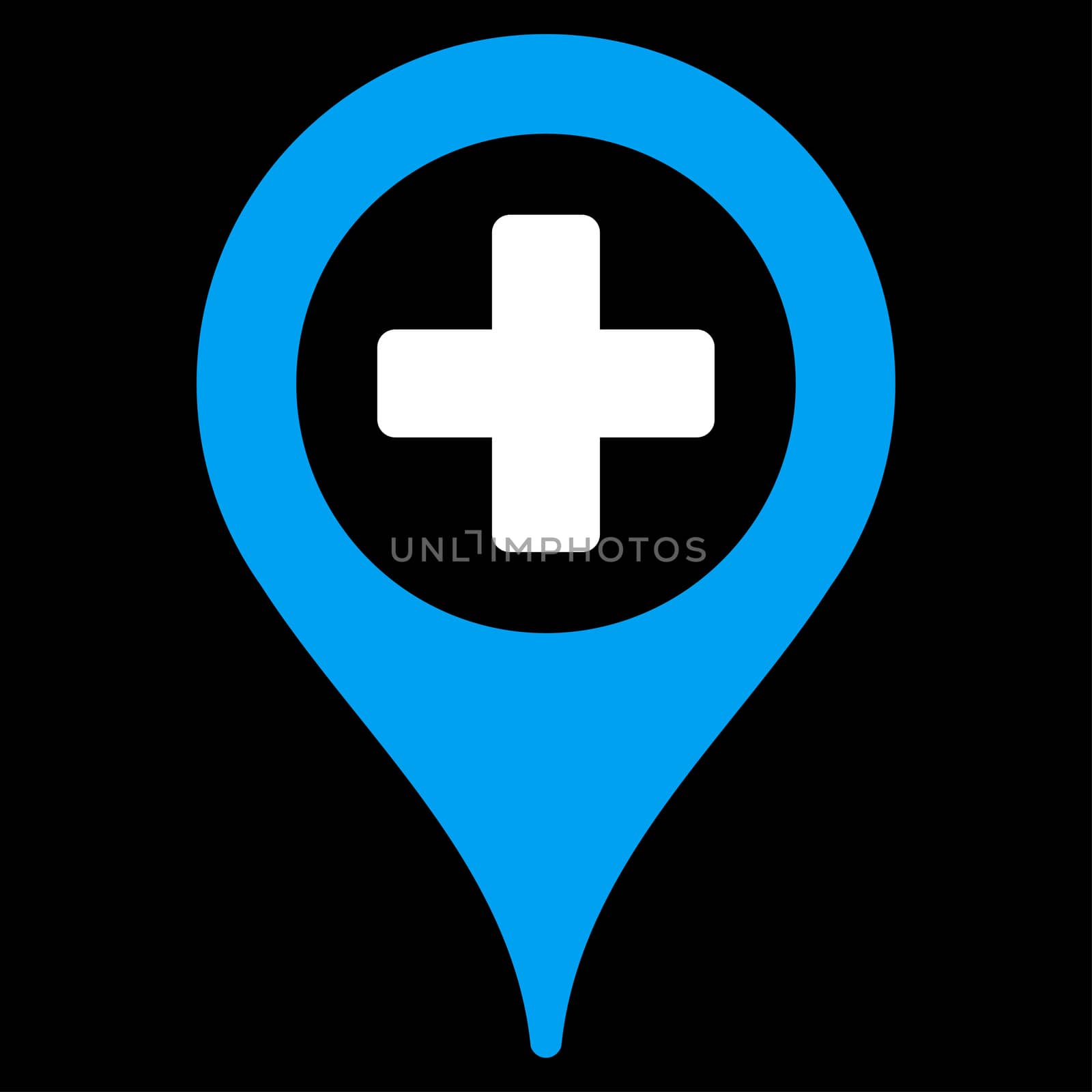 Hospital Map Pointer glyph icon. Style is bicolor flat symbol, blue and white colors, rounded angles, black background.