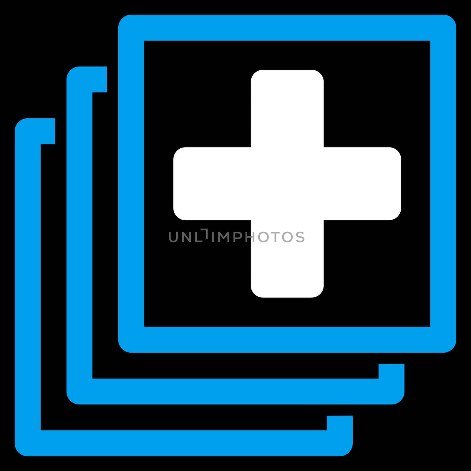 Medical Docs glyph icon. Style is bicolor flat symbol, blue and white colors, rounded angles, black background.