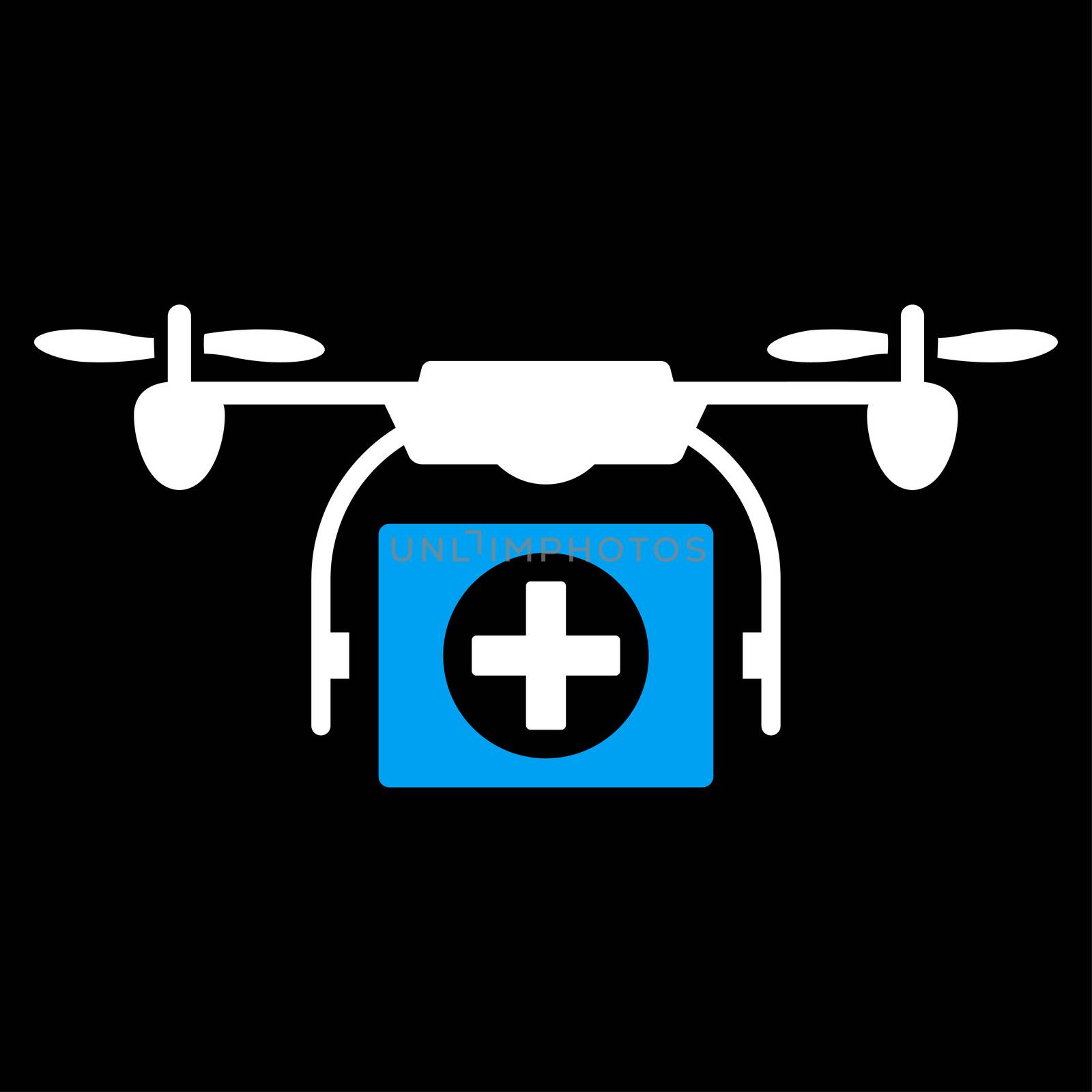 Medical Drone glyph icon. Style is bicolor flat symbol, blue and white colors, rounded angles, black background.