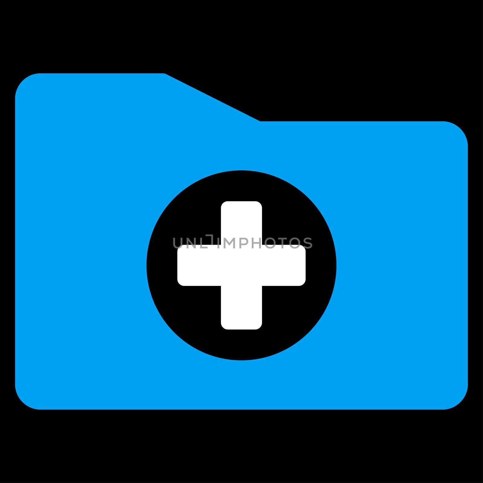 Medical Folder glyph icon. Style is bicolor flat symbol, blue and white colors, rounded angles, black background.