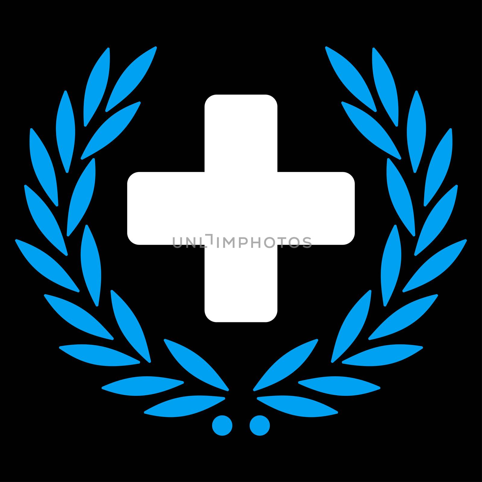 Medical Glory glyph icon. Style is bicolor flat symbol, blue and white colors, rounded angles, black background.