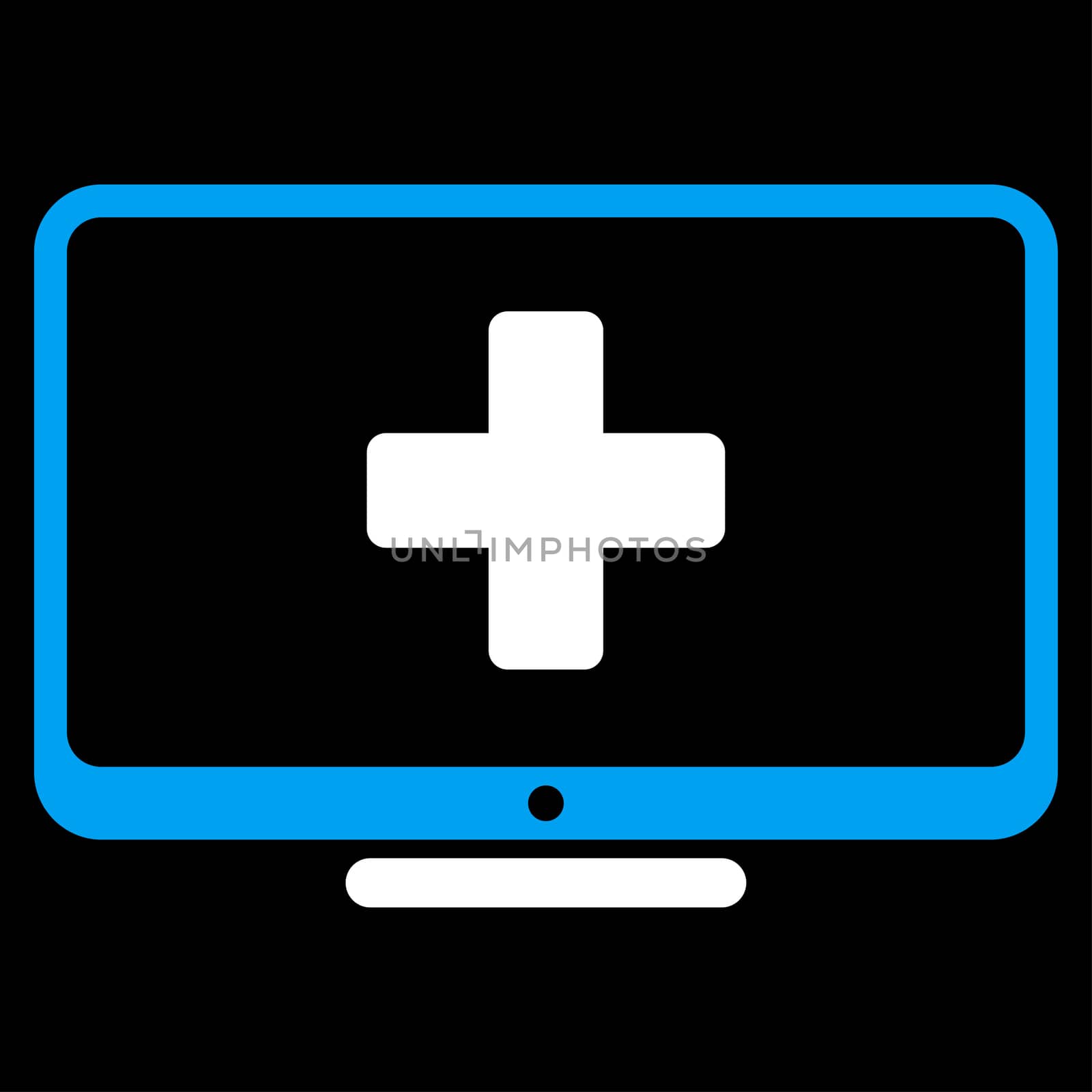 Medical Monitor glyph icon. Style is bicolor flat symbol, blue and white colors, rounded angles, black background.