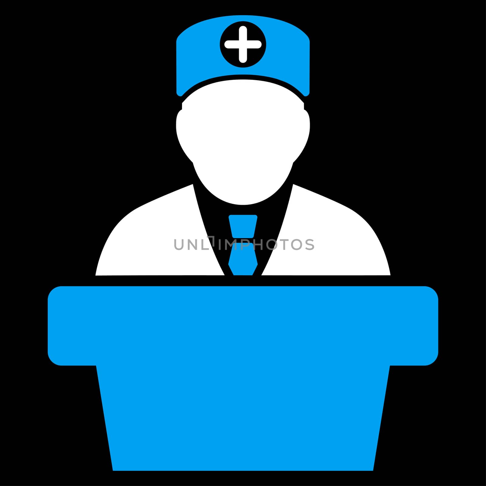 Medical Official Lecture glyph icon. Style is bicolor flat symbol, blue and white colors, rounded angles, black background.