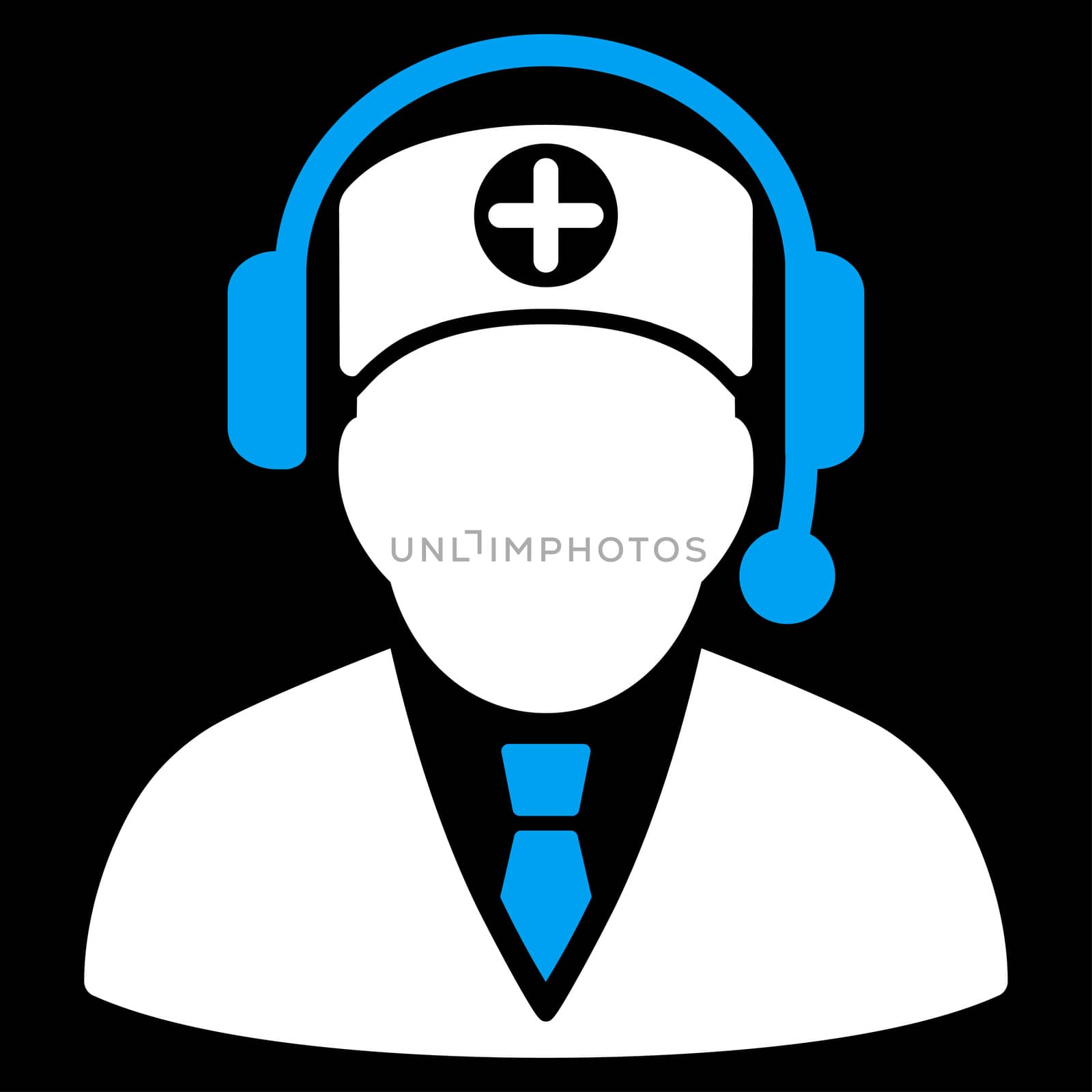 Medical Operator glyph icon. Style is bicolor flat symbol, blue and white colors, rounded angles, black background.