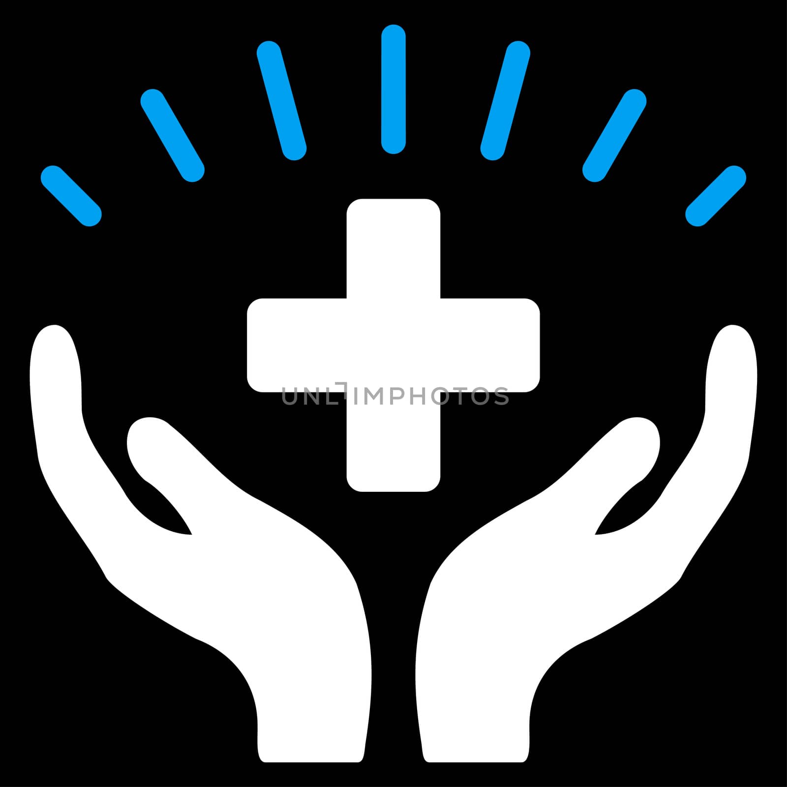 Medical Prosperity glyph icon. Style is bicolor flat symbol, blue and white colors, rounded angles, black background.