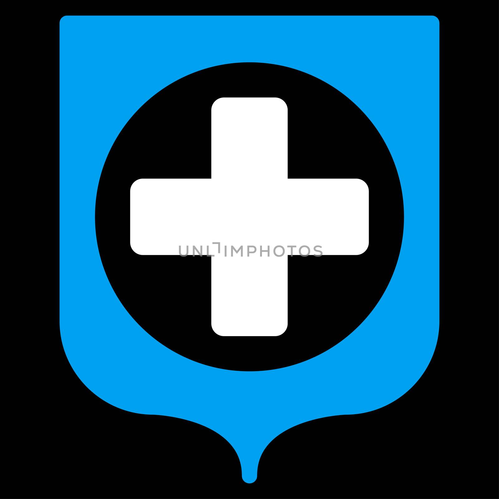 Medical Shield glyph icon. Style is bicolor flat symbol, blue and white colors, rounded angles, black background.