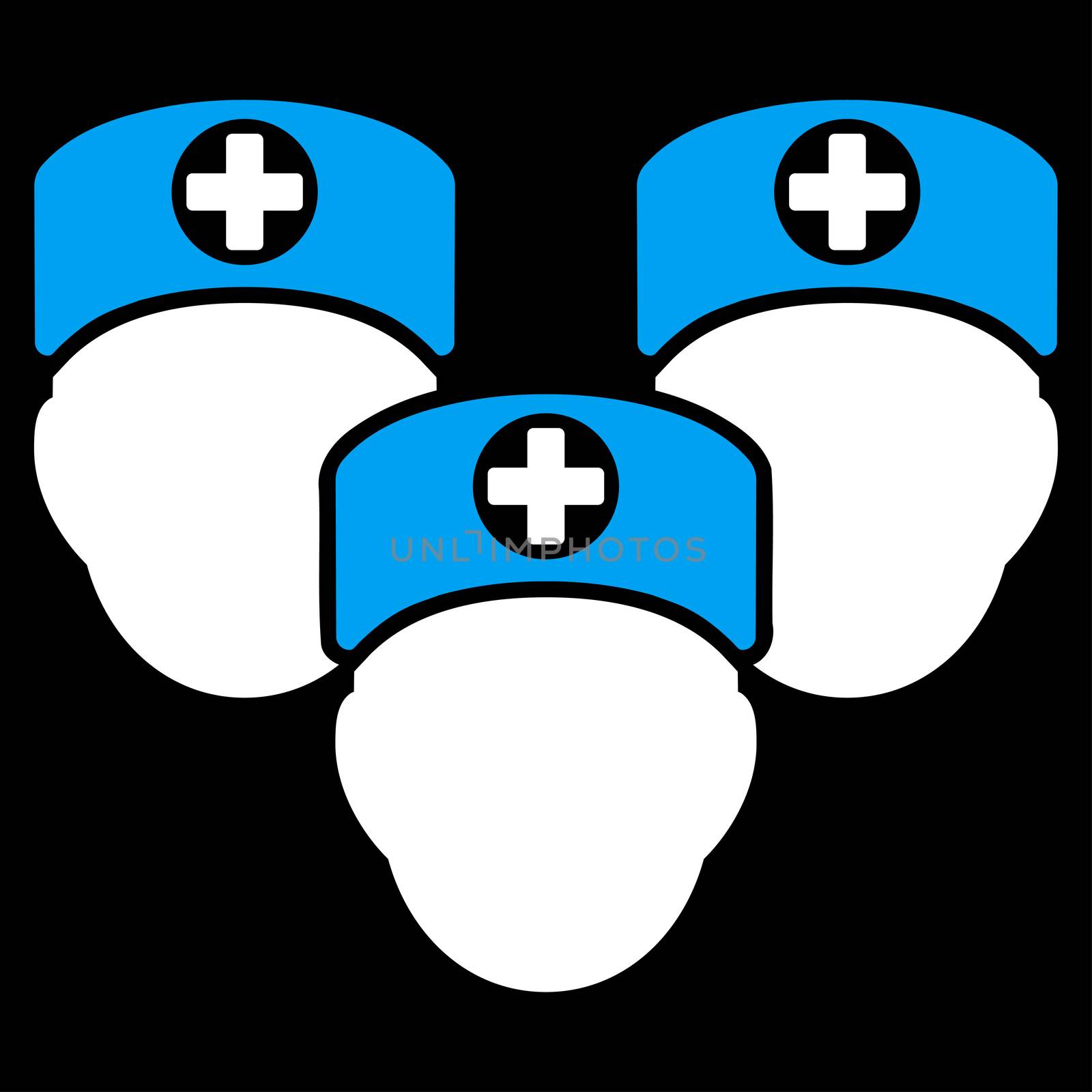 Medical Staff glyph icon. Style is bicolor flat symbol, blue and white colors, rounded angles, black background.