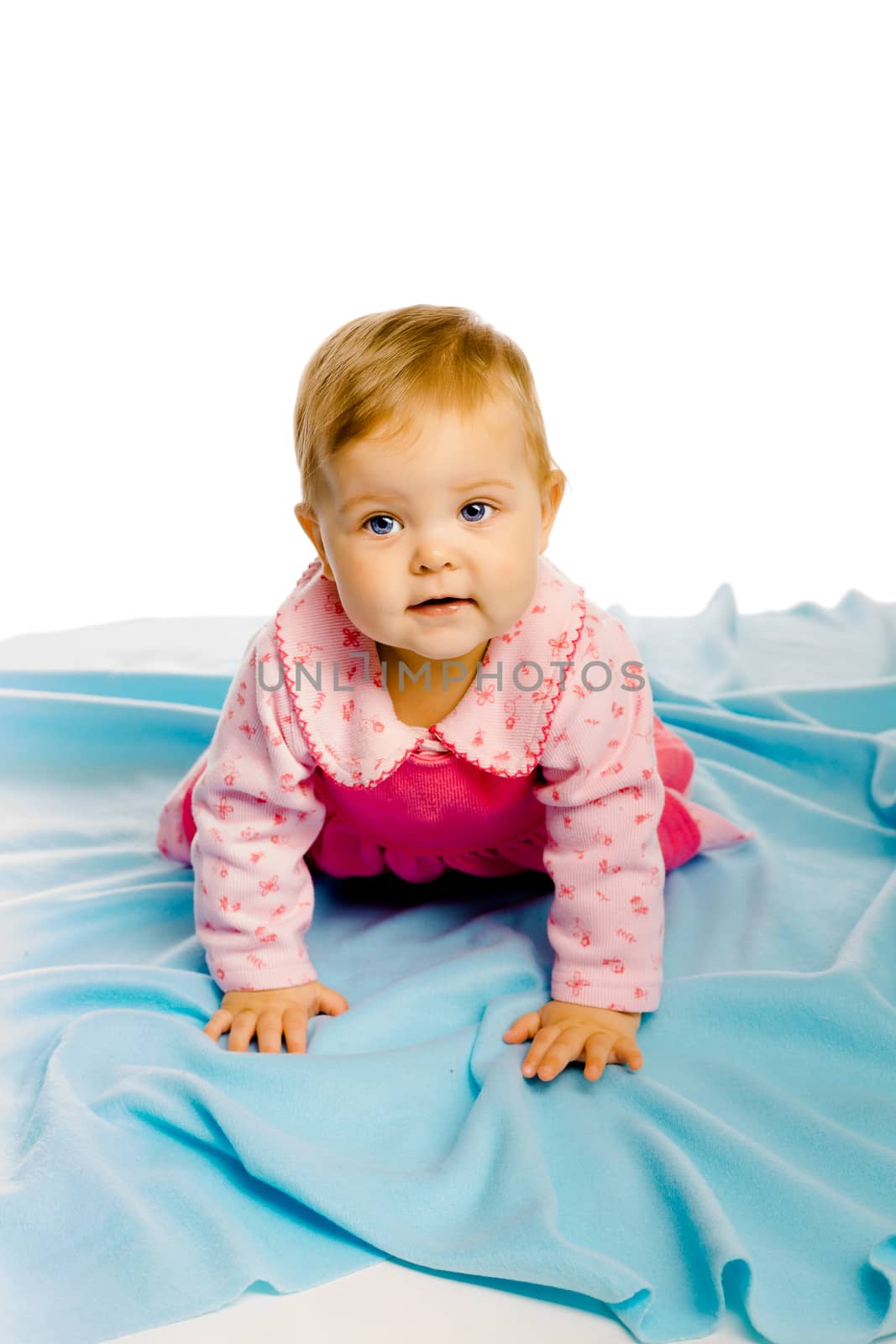 Beautiful baby girl crawling on the blue coverlet. Studio