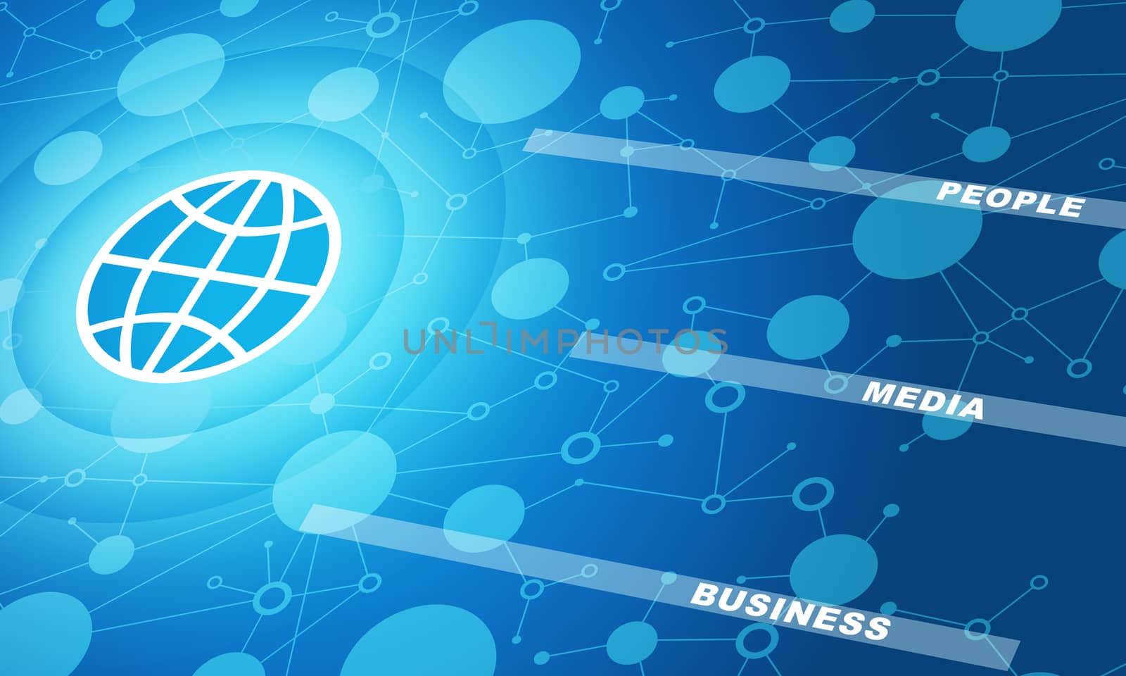 Globe symbol with business words on abstract blue background