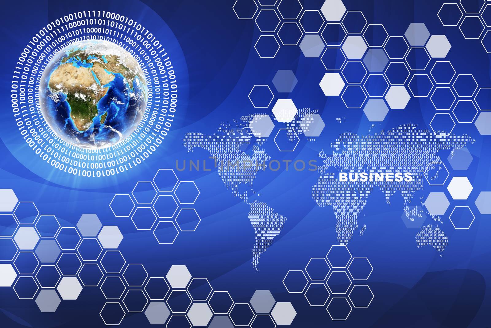 Earth with business words and world map on abstract blue background. Elements of this image furnished by NASA