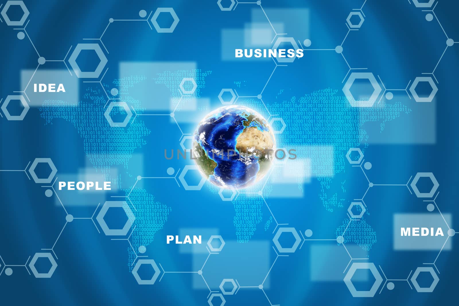 Earth with circles and business words on abstract blue background. Elements of this image furnished by NASA