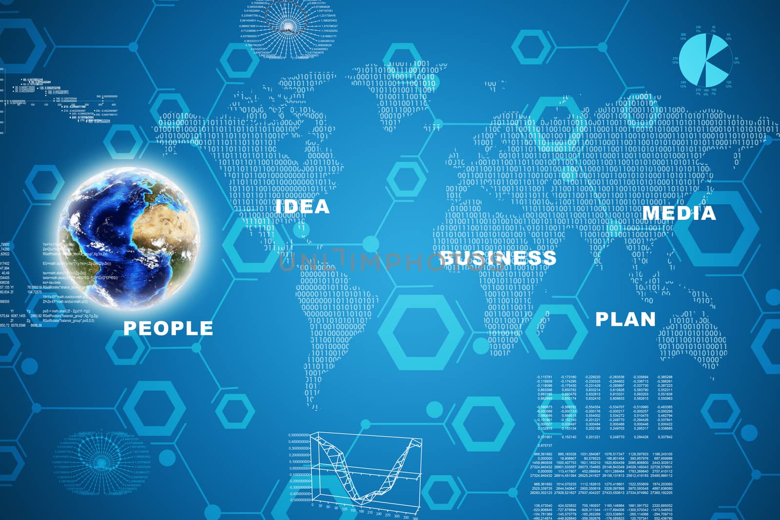 Earth with circles and business words on abstract blue background. Elements of this image furnished by NASA
