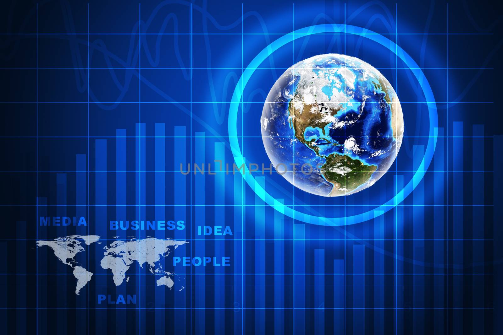 Earth in circle with world map on abstract blue background with world map. Elements of this image furnished by NASA