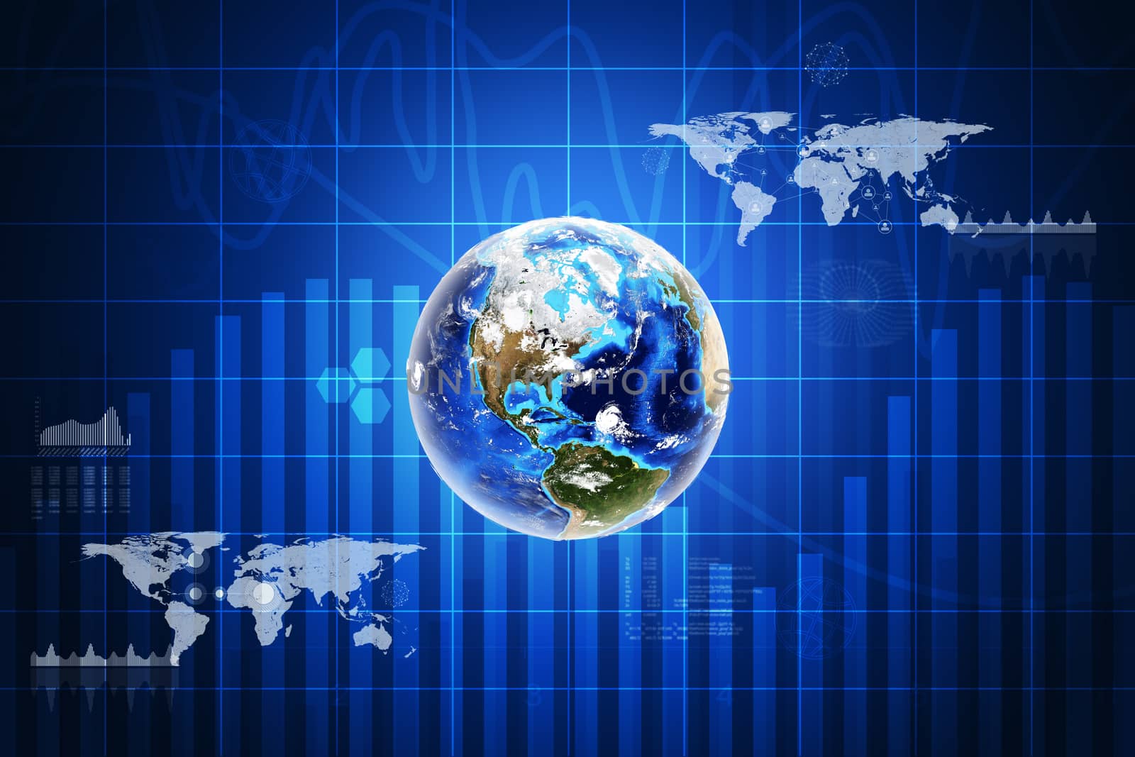 Earth with charts on abstract blue background with world map. Elements of this image furnished by NASA