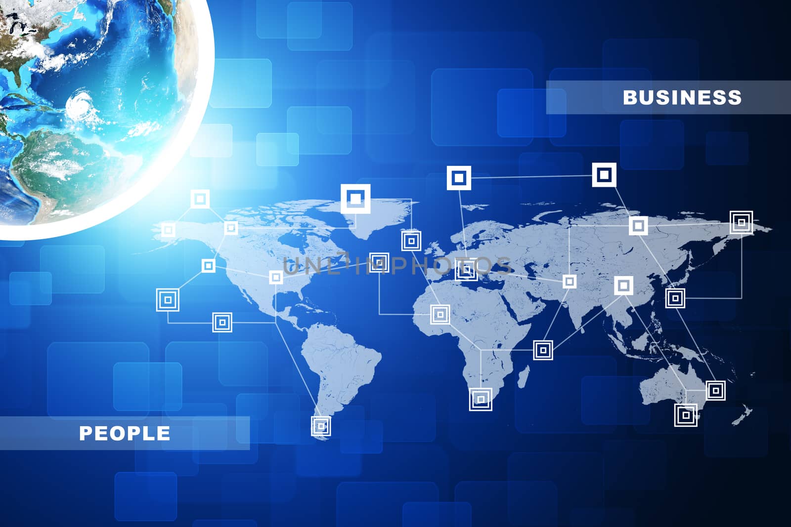 Earth with business words on abstract blue background with world map. Elements of this image furnished by NASA