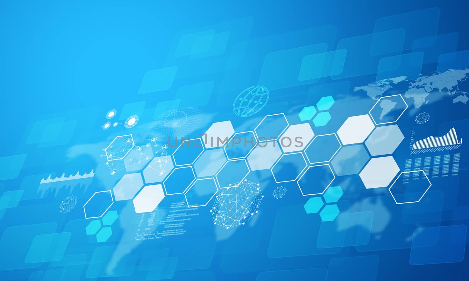 Graphs with molecule on abstract blue background