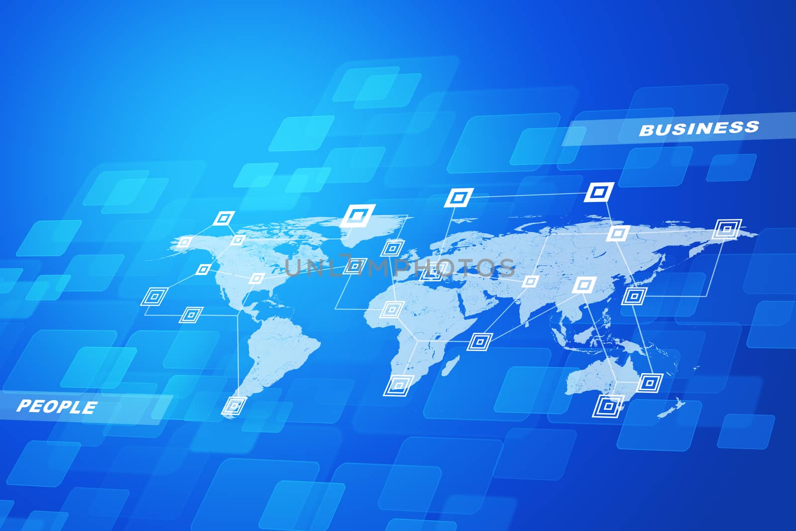 World map with business words on abstract blue background