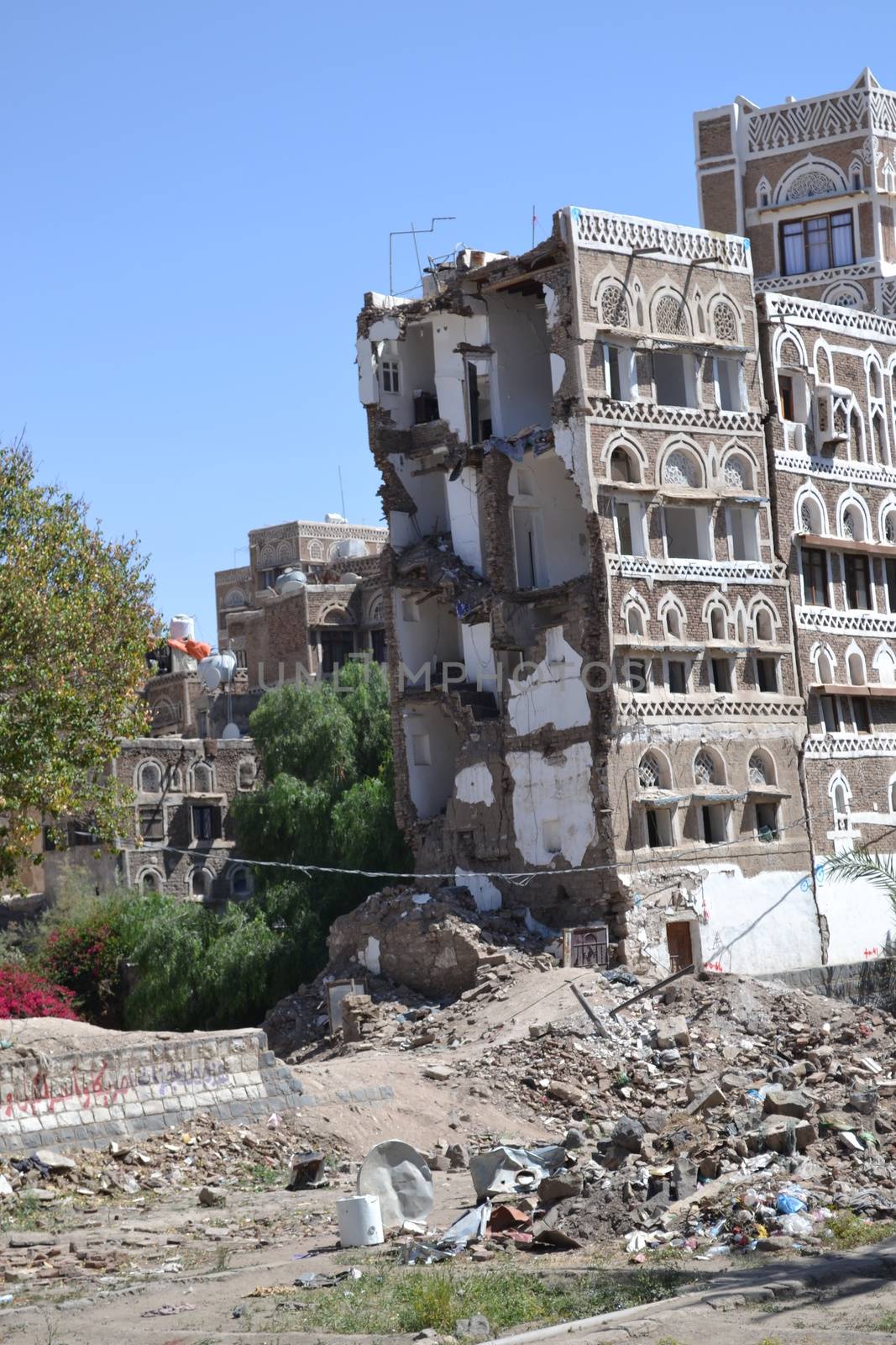 YEMEN, Sanaa: Destroyed or heavily damaged buildings are pictured in the al-Qassemi area of Sanaa Old City on September 29, 2015, months after a devastating wave of Saudi-led air strikes on Shia minority groups in Yemen.