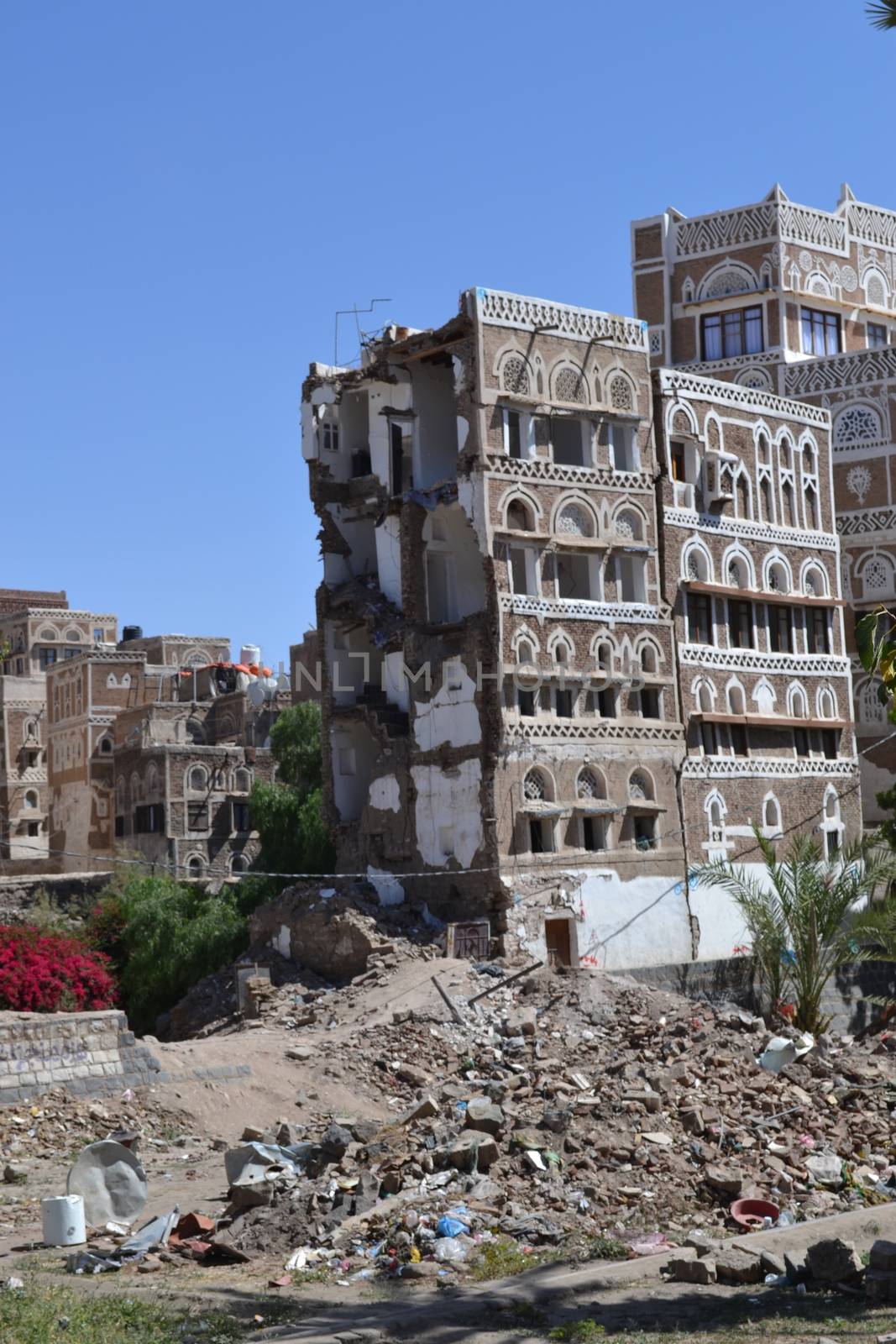 YEMEN, Sanaa: Destroyed or heavily damaged buildings are pictured in the al-Qassemi area of Sanaa Old City on September 29, 2015, months after a devastating wave of Saudi-led air strikes on Shia minority groups in Yemen.