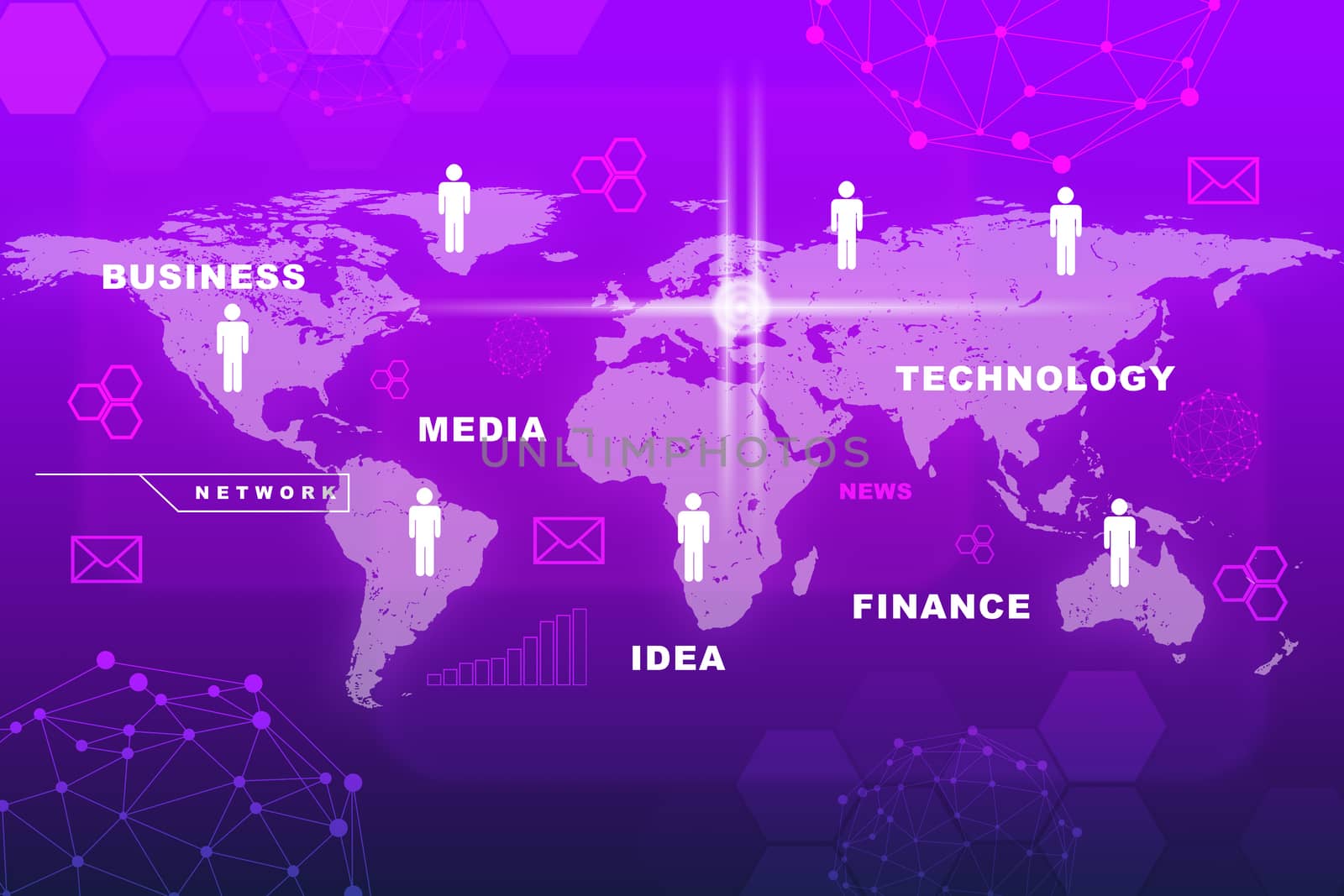 World map with icons on abstract purple background
