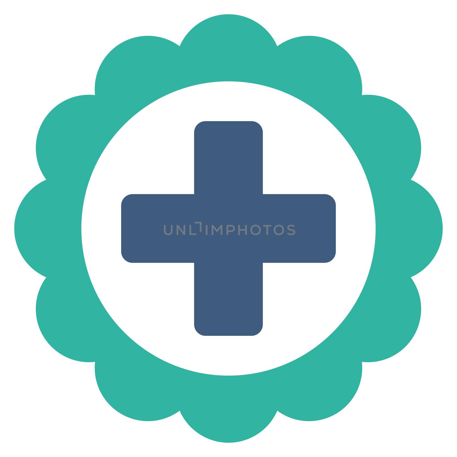 Medical Sticker raster icon. Style is bicolor flat symbol, cobalt and cyan colors, rounded angles, white background.