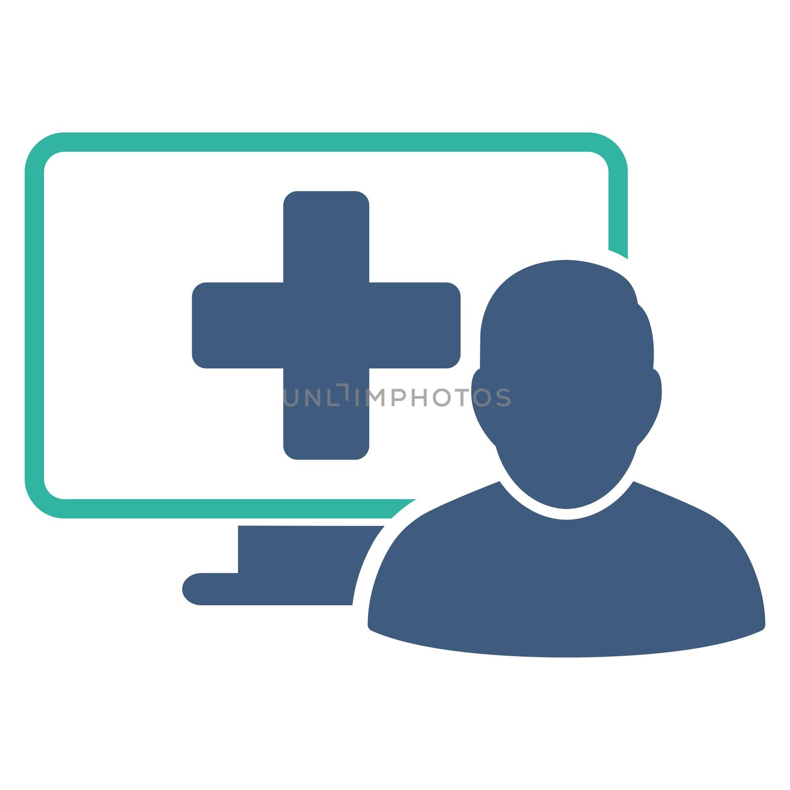 Online Medicine raster icon. Style is bicolor flat symbol, cobalt and cyan colors, rounded angles, white background.