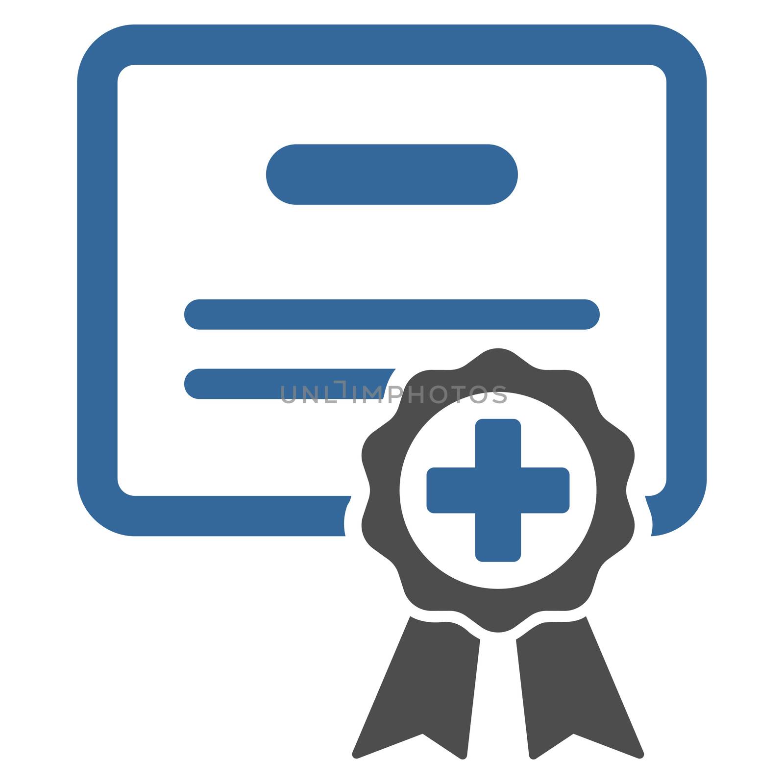 Certification raster icon. Style is bicolor flat symbol, cobalt and gray colors, rounded angles, white background.