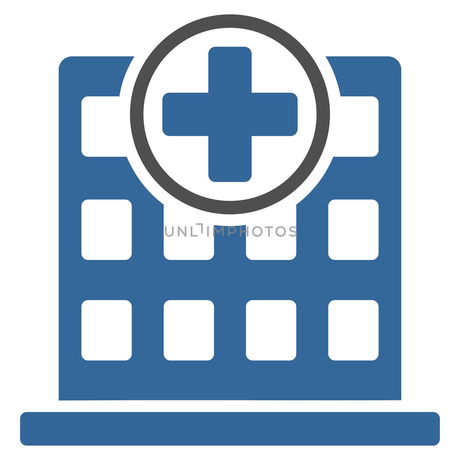 Clinic Building raster icon. Style is bicolor flat symbol, cobalt and gray colors, rounded angles, white background.