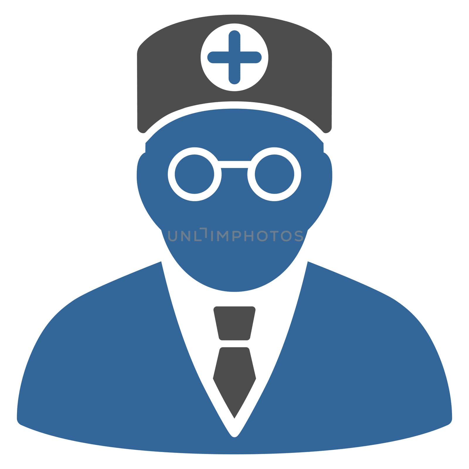 Head Physician raster icon. Style is bicolor flat symbol, cobalt and gray colors, rounded angles, white background.