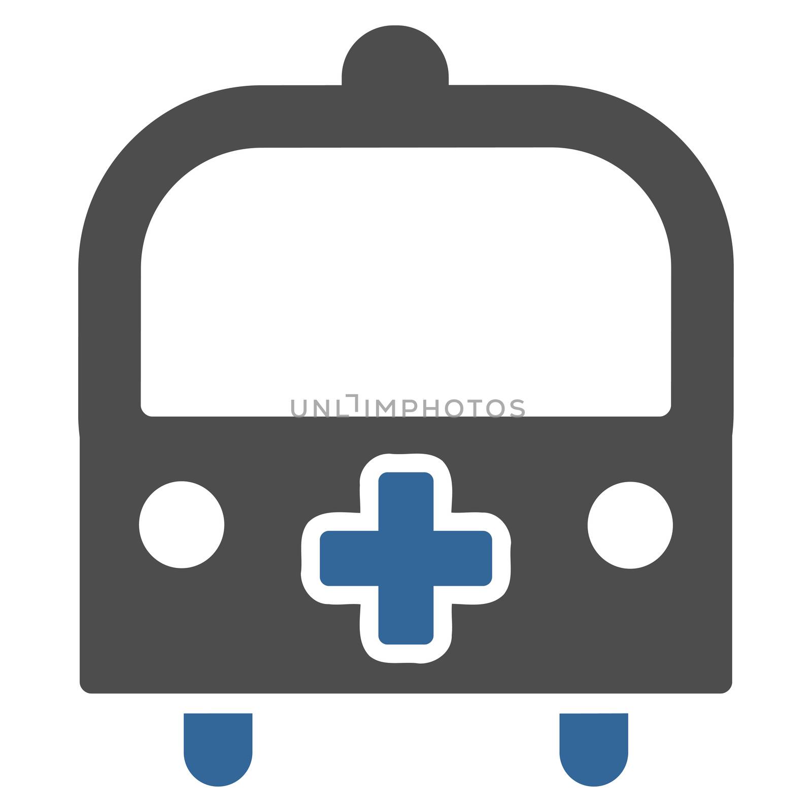 Medical Bus raster icon. Style is bicolor flat symbol, cobalt and gray colors, rounded angles, white background.