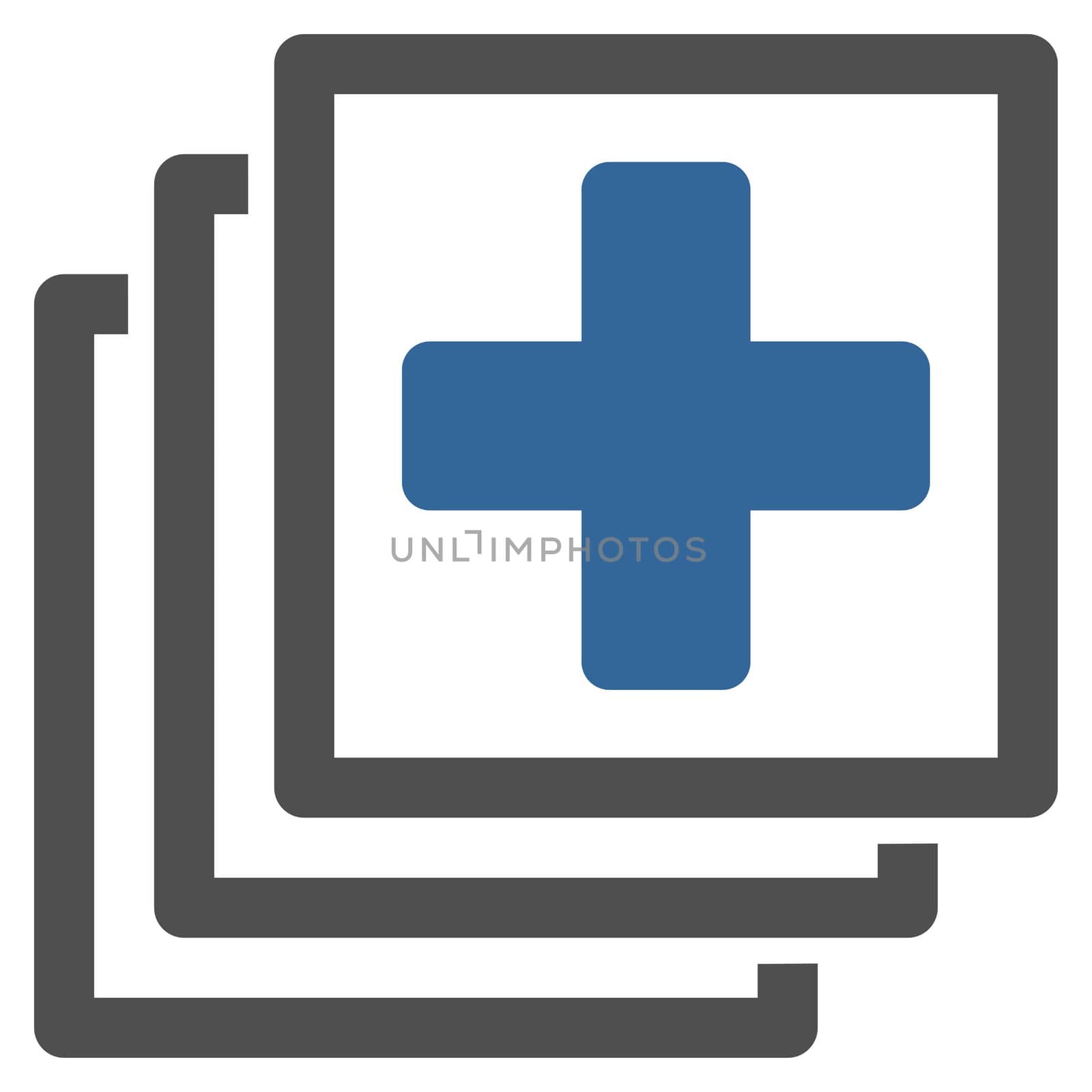 Medical Docs raster icon. Style is bicolor flat symbol, cobalt and gray colors, rounded angles, white background.