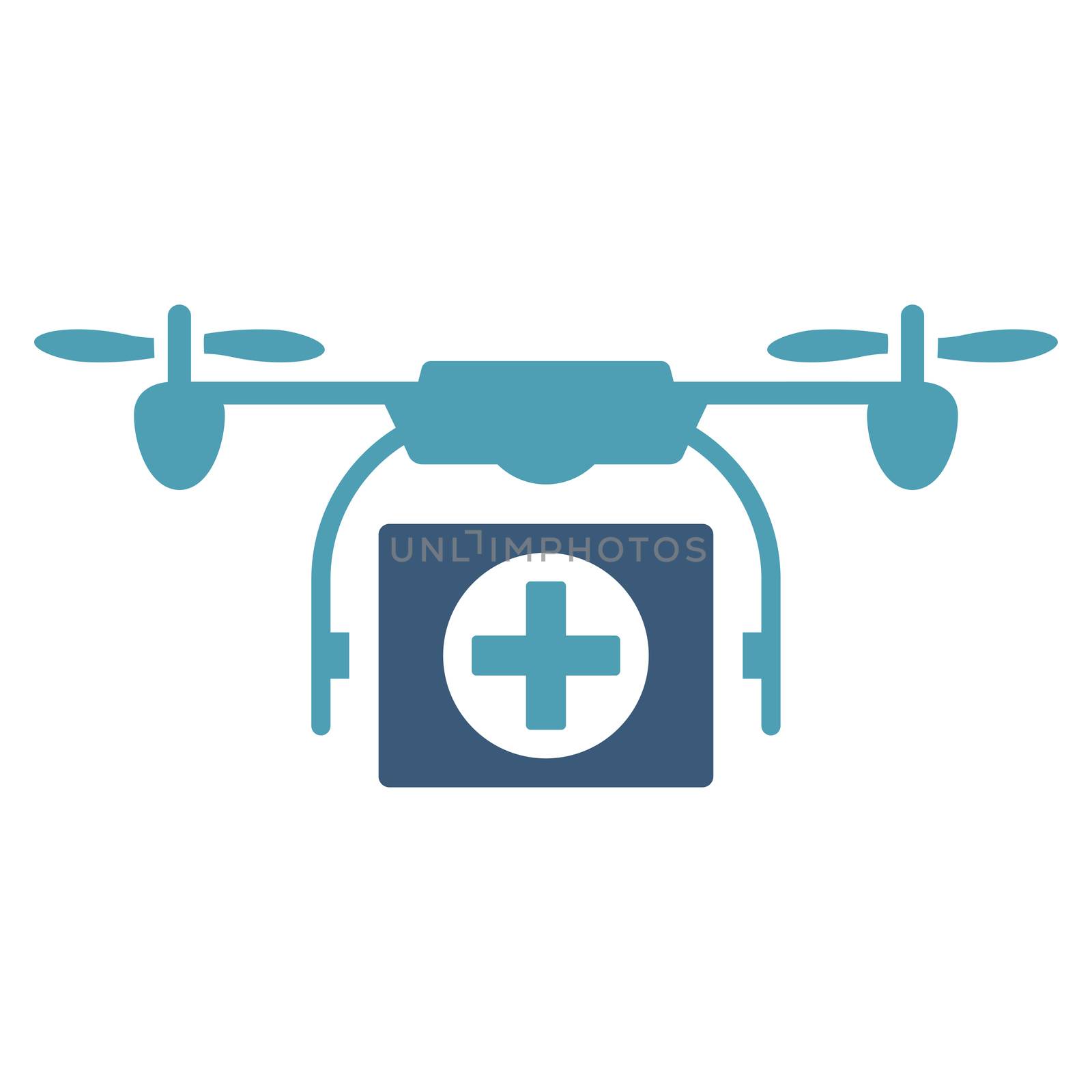 Medical Drone raster icon. Style is bicolor flat symbol, cyan and blue colors, rounded angles, white background.