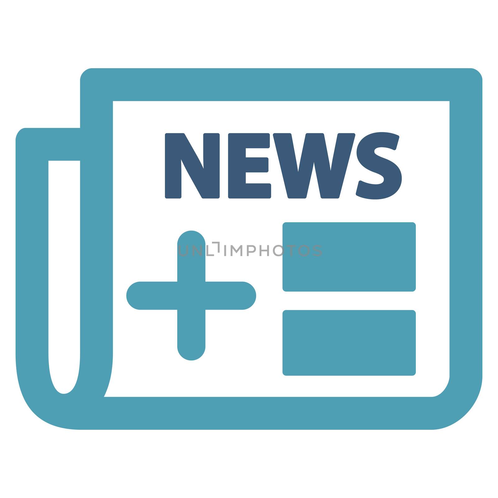 Medical Newspaper raster icon. Style is bicolor flat symbol, cyan and blue colors, rounded angles, white background.