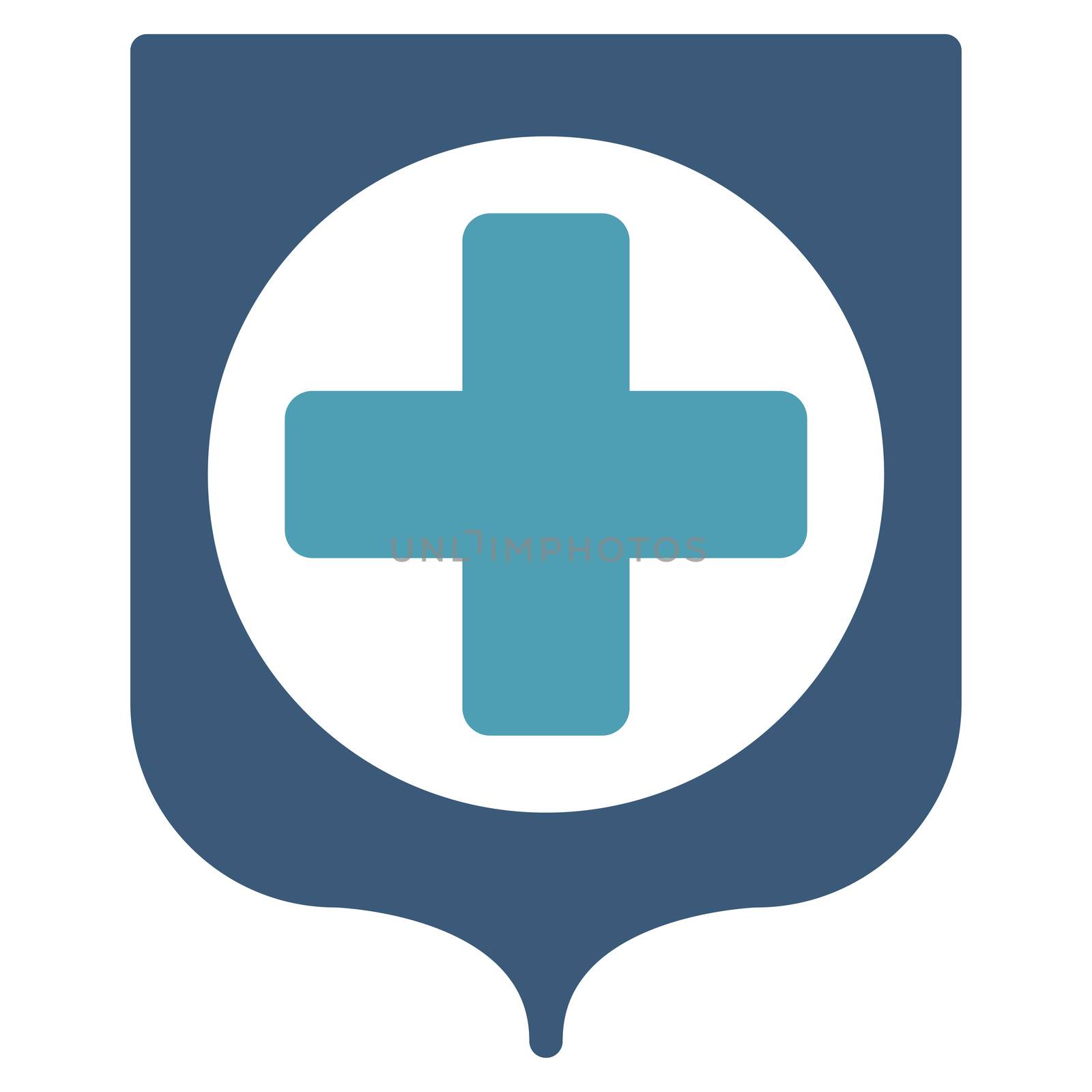 Medical Shield raster icon. Style is bicolor flat symbol, cyan and blue colors, rounded angles, white background.