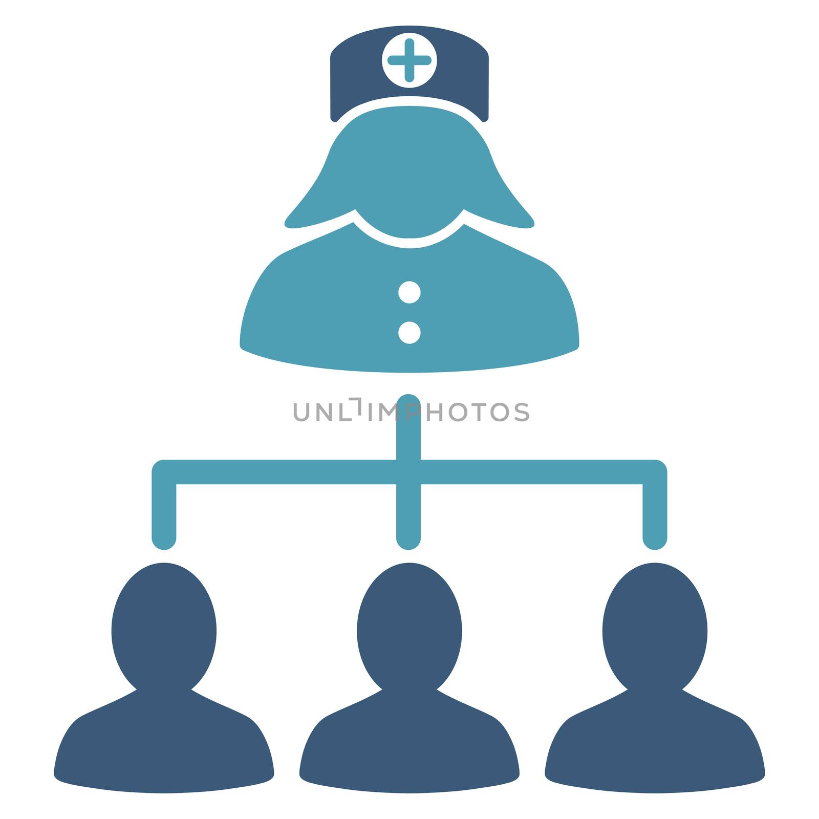 Nurse Patients raster icon. Style is bicolor flat symbol, cyan and blue colors, rounded angles, white background.