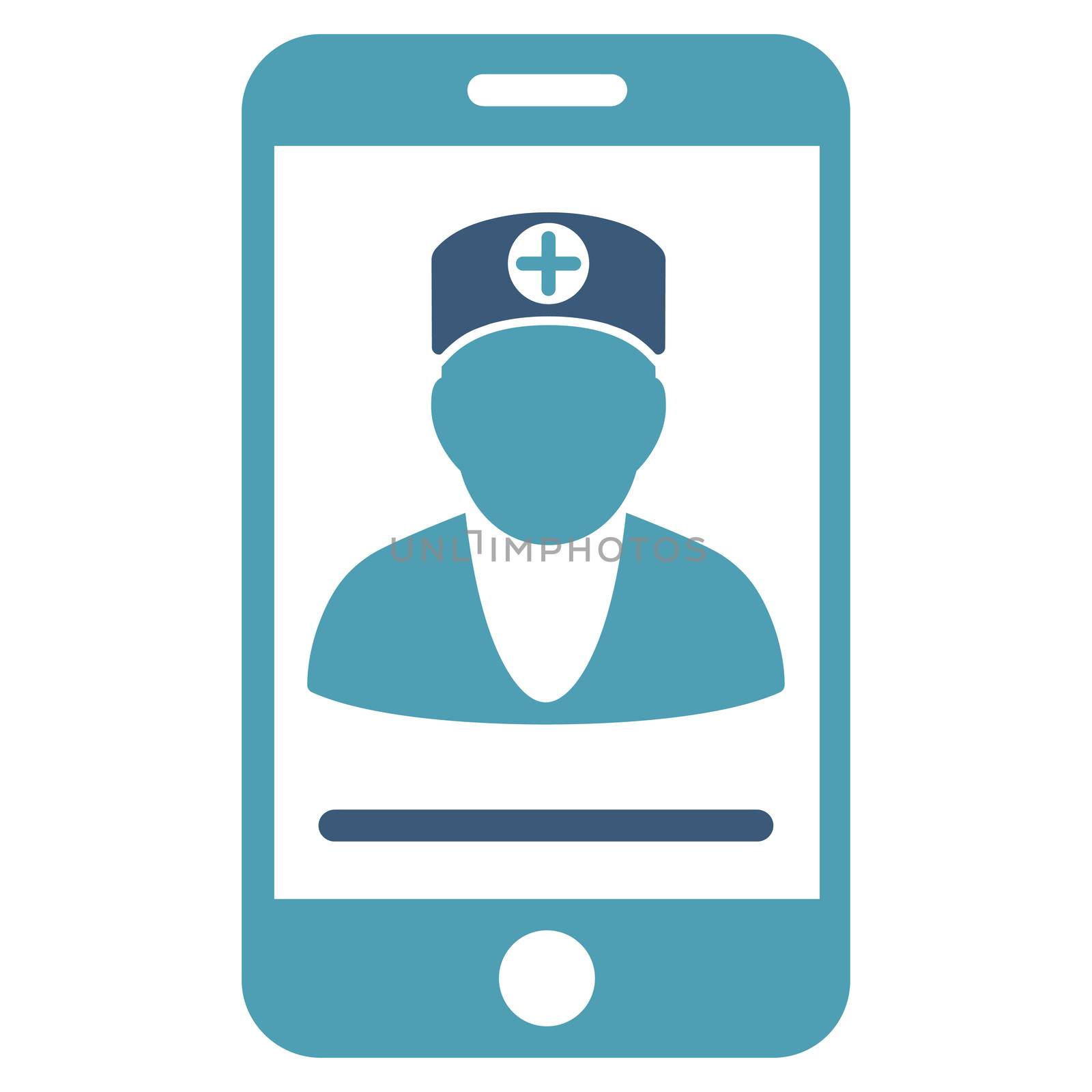 Online Doctor raster icon. Style is bicolor flat symbol, cyan and blue colors, rounded angles, white background.