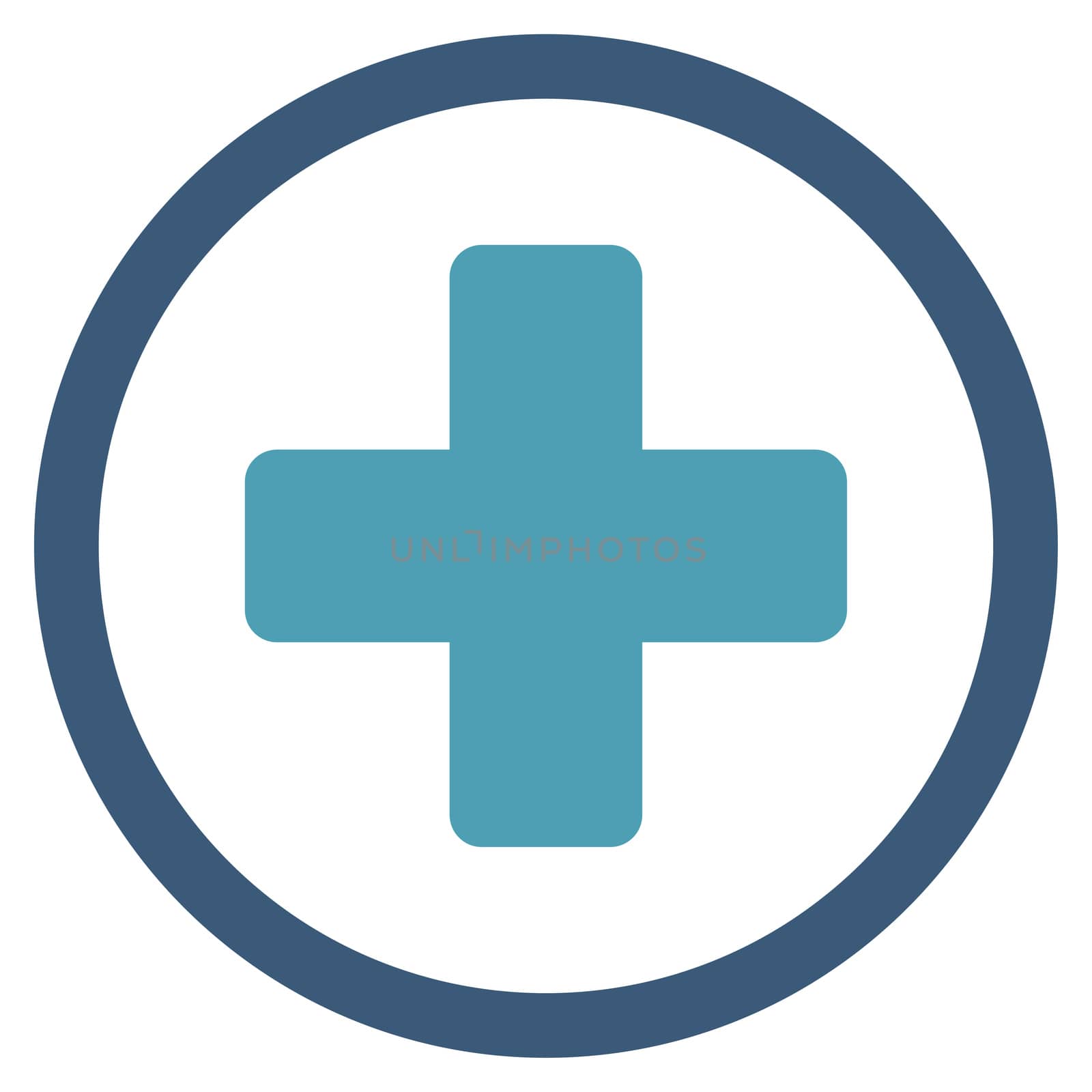 Rounded Plus raster icon. Style is bicolor flat symbol, cyan and blue colors, rounded angles, white background.