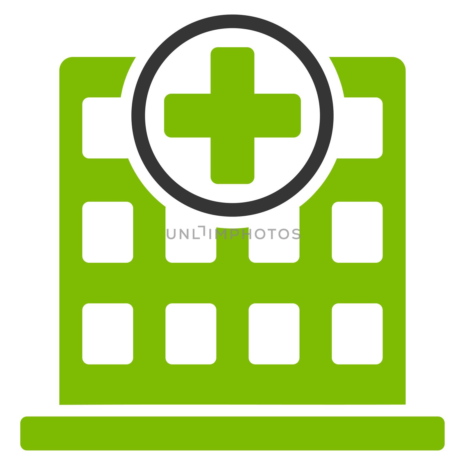 Clinic Building raster icon. Style is bicolor flat symbol, eco green and gray colors, rounded angles, white background.